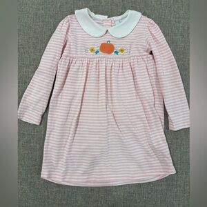 Little English Pink Striped Long Sleeve Dress with Pumpkin Embroidery - Size 4T